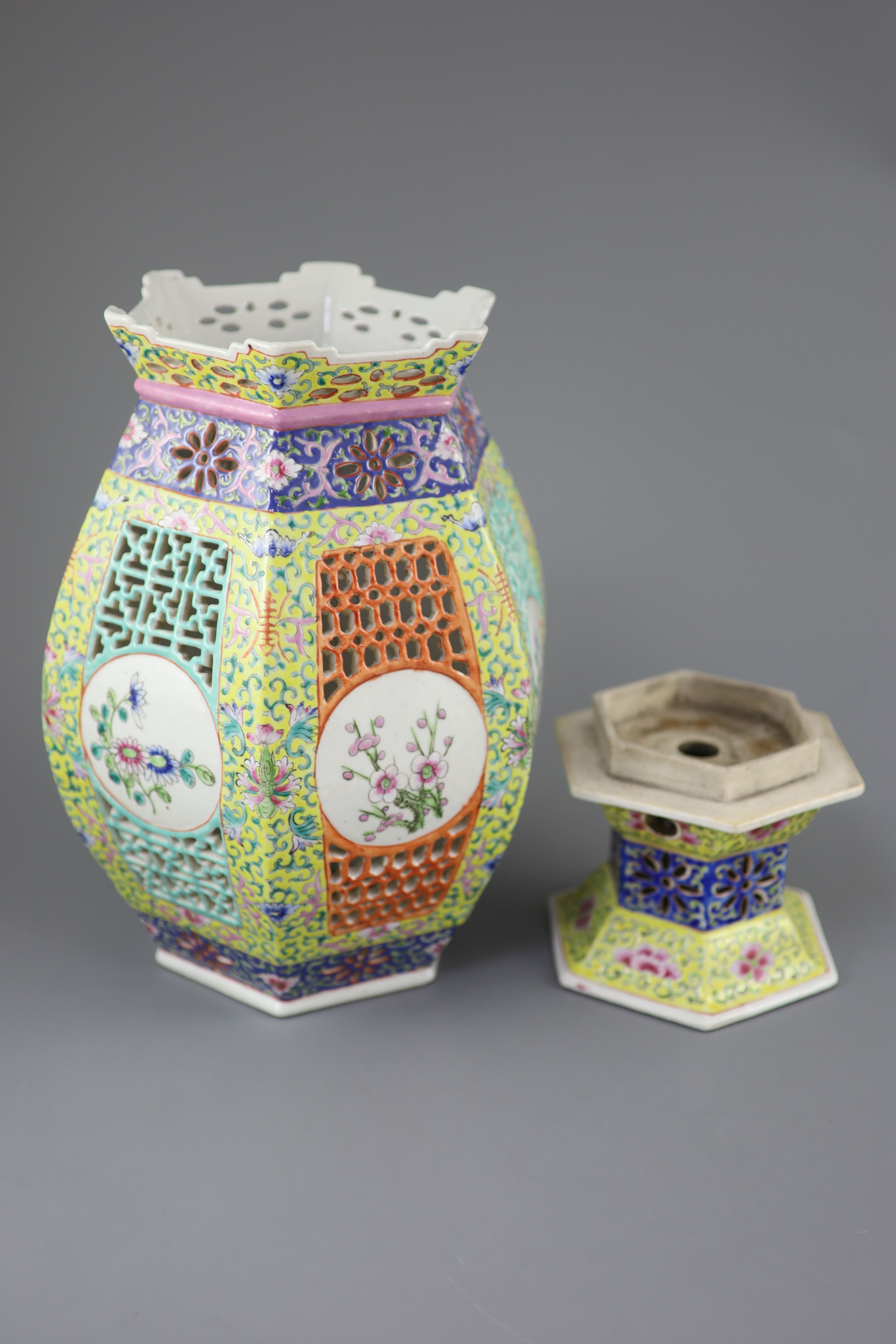 A Chinese famille rose lantern and stand, Republic period, 38.5cm high